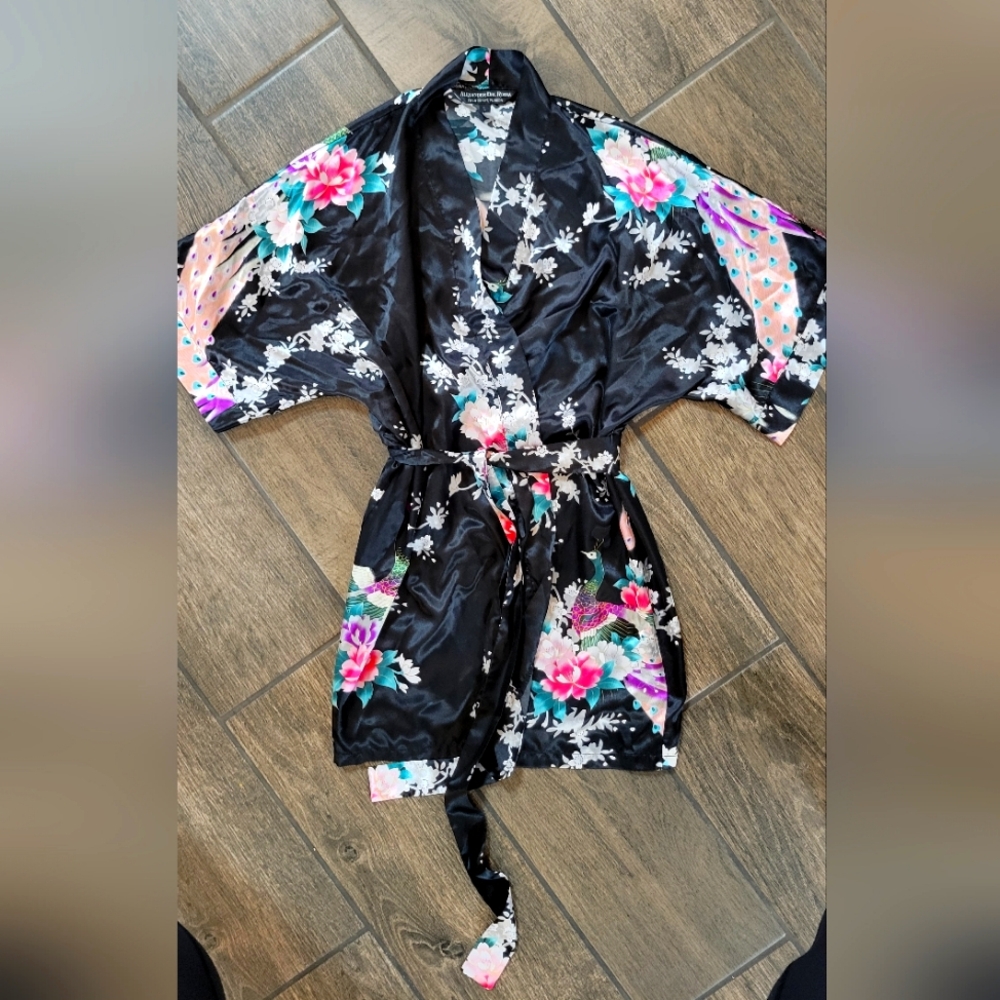 Alexander Del Rossa Robe Womans Large Black 3/4 Sleeve Wrap Kimono Satin Blend